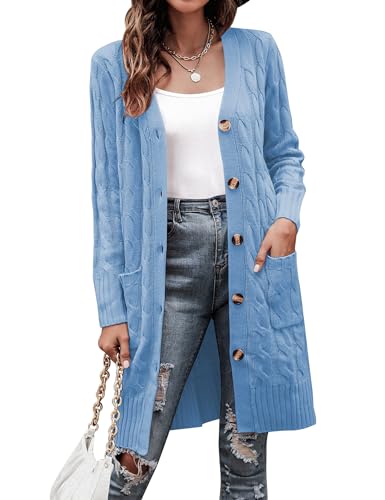 Aottori Damen Cardigan Strick Strickjacke Herbst Winter Strickmantel Langarm Grobstrickjacke Lange Longstrickjacke Casual Blau S von Aottori