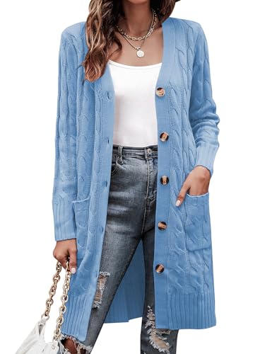 Aottori Damen Cardigan Strick Strickjacke Herbst Winter Strickmantel Langarm Grobstrickjacke Lange Longstrickjacke Casual Blau S von Aottori