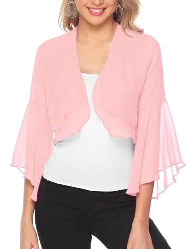 Aottori Damen Chiffon Bolero Festlich 3/4 Ärmel Elegant Shrug Top Kurze Strickjacke Cardigan Open Front Casual Bolerojacke Schulterjacke Hell-Pink L von Aottori