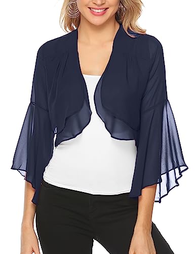 Aottori Damen Chiffon Bolero Festlich 3/4 Ärmel Elegant Shrug Top Kurze Strickjacke Cardigan Open Front Casual Bolerojacke Schulterjacke Navy Blue L von Aottori