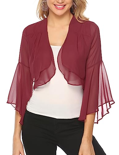 Aottori Damen Chiffon Bolero Festlich 3/4 Ärmel Elegant Shrug Top Kurze Strickjacke Cardigan Open Front Casual Bolerojacke Schulterjacke Rotwein S von Aottori