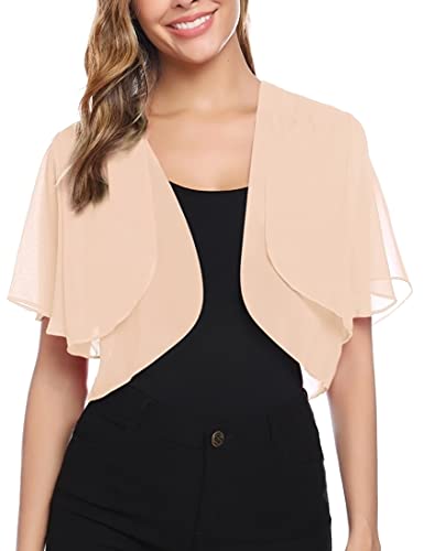 Aottori Damen Chiffon Bolero Festlich ärmellos Elegant Shrug Top Kurze Strickjacke Cardigan Open Front Bolerojacke Schulterjacke Aprikose XL von Aottori