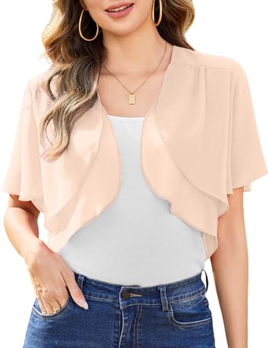 Aottori Damen Chiffon Bolero Festlich ärmellos Elegant Shrug Top Kurze Strickjacke Cardigan Open Front Bolerojacke Schulterjacke Aprikose XL von Aottori