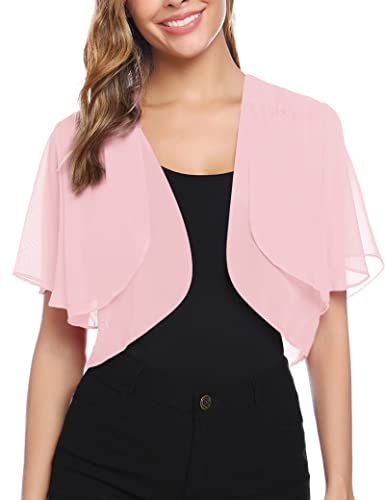 Aottori Damen Chiffon Bolero Festlich ärmellos Elegant Shrug Top Kurze Strickjacke Cardigan Open Front Bolerojacke Schulterjacke Hell-Pink L von Aottori