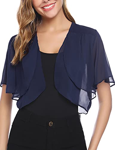 Aottori Damen Chiffon Bolero Festlich ärmellos Elegant Shrug Top Kurze Strickjacke Cardigan Open Front Bolerojacke Schulterjacke Navy Blue L von Aottori