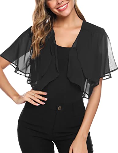 Aottori Damen Chiffon Bolero Festlich ärmellos Elegant Shrug Top Kurze Strickjacke Cardigan Open Front Bolerojacke Schulterjacke Schwarz XL von Aottori