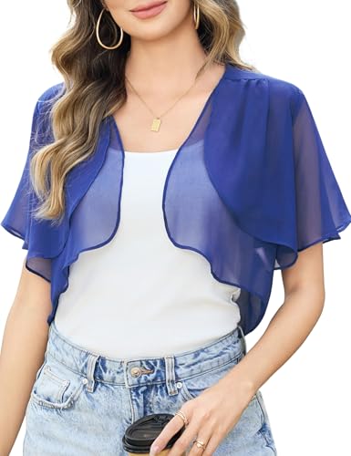 Aottori Damen Chiffon Bolero Festlich ärmellos Elegant Shrug Top Kurze Strickjacke Cardigan Open Front Casual Bolerojacke Schulterjacke Blau XL von Aottori