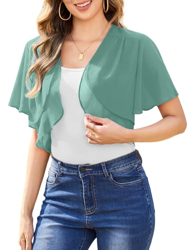 Aottori Damen Chiffon Bolero Festlich ärmellos Elegant Shrug Top Kurze Strickjacke Cardigan Open Front Casual Bolerojacke Schulterjacke Grün S von Aottori