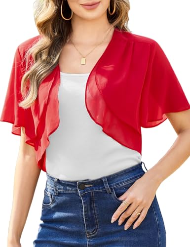 Aottori Damen Chiffon Bolero Festlich ärmellos Elegant Shrug Top Kurze Strickjacke Cardigan Open Front Casual Bolerojacke Schulterjacke Rot M von Aottori