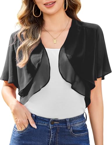 Aottori Damen Chiffon Bolero Festlich ärmellos Elegant Shrug Top Kurze Strickjacke Cardigan Open Front Casual Bolerojacke Schulterjacke Schwarz L von Aottori