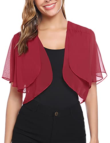 Aottori Damen Chiffon Bolero Festlich ärmellos Elegant Shrug Top Kurze Strickjacke Cardigan Open Front Casual Bolerojacke Schulterjacke Weinrot M von Aottori