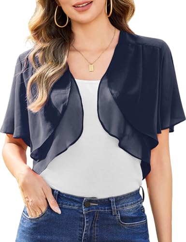Aottori Damen Chiffon Bolero Festlich ärmellos Shrug Top Kurze Strickjacke Cardigan Open Front Bolerojacke Schulterjacke Navy Blue L von Aottori