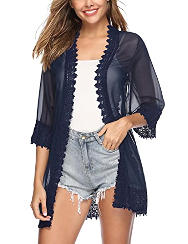 Aottori Damen Chiffon Cardigan Leicht Sommer Offene Front Bolero Lang Strand 3/4 Arm Strickjacke Beachwear Bikini Cover up Shawl Bluse Oberteil Tops Marine M von Aottori