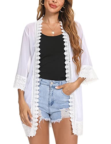 NC Damen Chiffon Cardigan Leicht Sommer Offene Front Bolero Lang Strand 3/4 Arm Strickjacke Beachwear Bikini Cover up Shawl Bluse Oberteil Tops Weiß L von Aottori