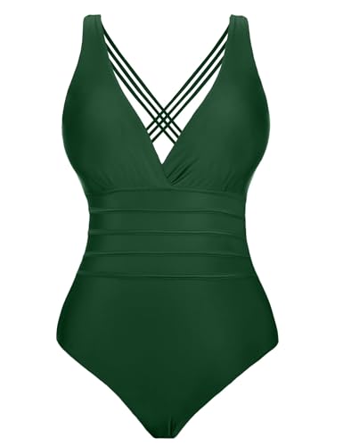 Aottori Damen Einteiler Badeanzug Bauchweg Einteilige Bademode Schwimmanzug Monokini Schlankheits Figurformend Strandmode V-Ausschnitt Green XXL von Aottori