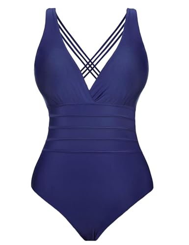 Aottori Damen Einteiler Badeanzug Bauchweg Einteilige Bademode Schwimmanzug Monokini Schlankheits Figurformend Strandmode V-Ausschnitt Navy XL von Aottori