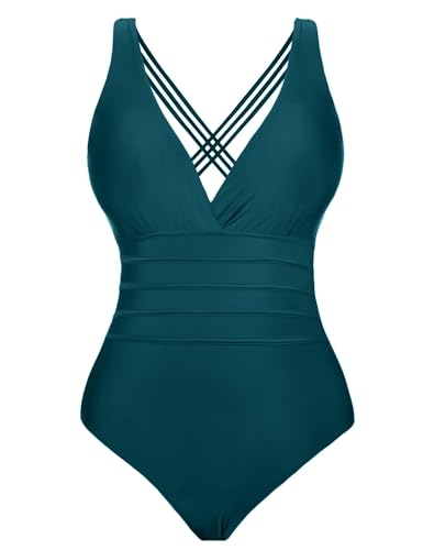 Aottori Damen Einteiler Badeanzug Bauchweg Einteilige Bademode Schwimmanzug Monokini Schlankheits Figurformend Strandmode mit V-Ausschnitt Blau Grün XXL von Aottori