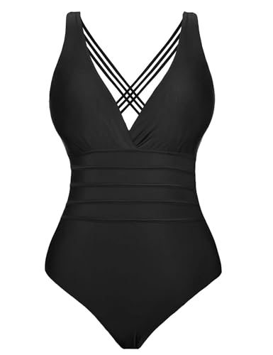 Aottori Damen Einteilige Badeanzug Retro Klassisch Monokini Schwimmanzug Verstellbarer Strandbikinis Bauchweg Belly Kontrolle Bademode Einteiliger Badeanzüge für Frauen Schwarz L von Aottori