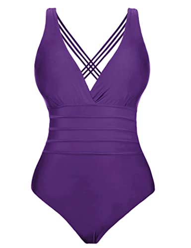 Aottori Damen Einteilige Badeanzug Retro Klassisch Monokini Schwimmanzug Verstellbarer Strandbikinis Bauchweg Belly Kontrolle Bademode Einteiliger Badeanzüge für Frauen lila XXL von Aottori