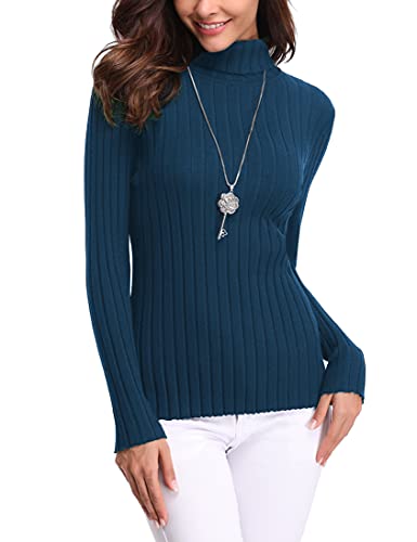 Aottori Damen Elegant Pullover Strickwaren Rollkragenpullover Hals Langarm Ribbed Strick Pullover Tops Blau XL von Aottori