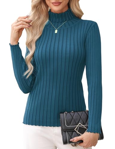 Aottori Damen Elegant Pullover Strickwaren Rollkragenpullover Hals Langarm Ribbed Strick Pullover Tops Blau XL von Aottori