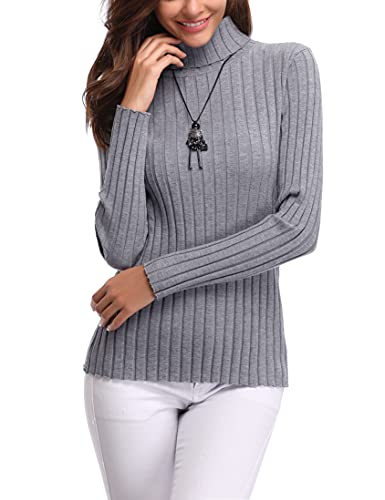 Aottori Damen Elegant Pullover Strickwaren Rollkragenpullover Hals Langarm Ribbed Strick Pullover Tops Grau M von Aottori