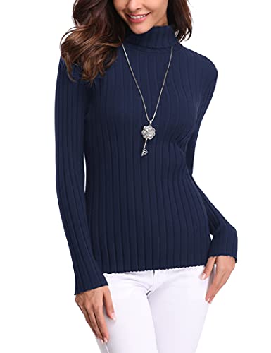 Aottori Damen Elegant Pullover Strickwaren Rollkragenpullover Hals Langarm Ribbed Strick Pullover Tops Marine XL von Aottori