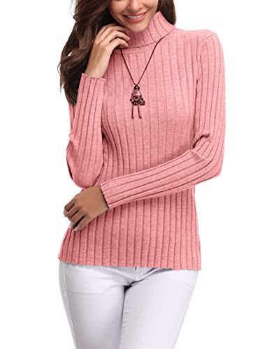 Aottori Damen Elegant Pullover Strickwaren Rollkragenpullover Hals Langarm Ribbed Strick Pullover Tops Rosa 1 L von Aottori