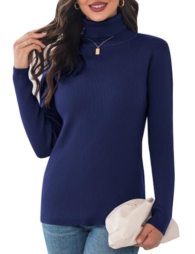 Aottori Damen Elegant Rollkragen Pullover Slim Fit Langarm Strickwaren Rollkragenpullover Einfarbig Strickpullover für Winter Ribbed Strick Pullover Tops Marine XL von Aottori