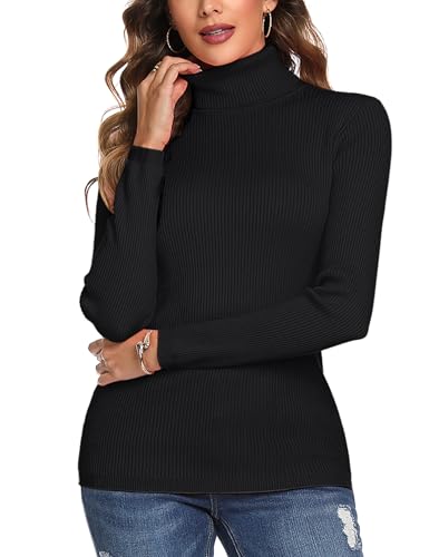 Aottori Damen Elegant Rollkragen Pullover Slim Fit Langarm Strickwaren Rollkragenpullover Einfarbig Strickpullover für Winter Ribbed Strick Pullover Tops Schwarz L von Aottori