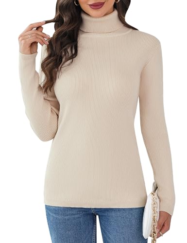 Aottori Damen Elegant Rollkragen Pullover Slim Fit Langarm Strickwaren Rollkragenpullover Strickpullover für Winter Ribbed Strick Pullover Aprikose XXL von Aottori