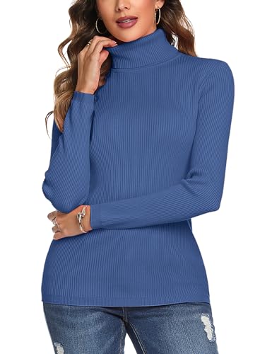 Aottori Damen Elegant Rollkragen Pullover Slim Fit Langarm Strickwaren Rollkragenpullover Strickpullover für Winter Ribbed Strick Pullover Blau XXL von Aottori