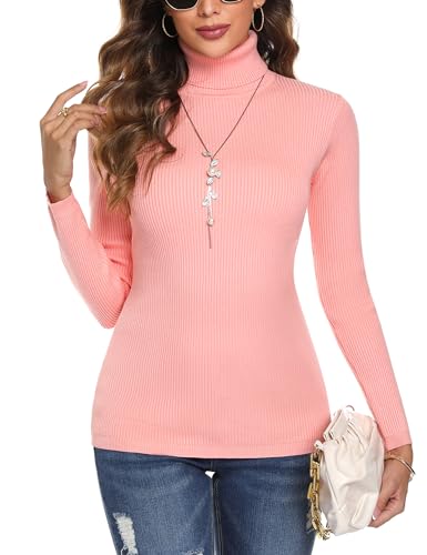 Aottori Damen Elegant Rollkragen Pullover Slim Fit Langarm Strickwaren Rollkragenpullover Strickpullover für Winter Ribbed Strick Pullover Rosa M von Aottori