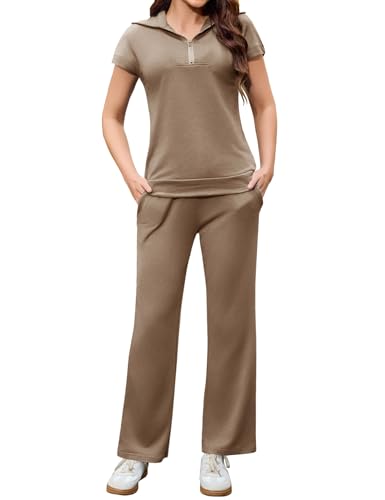 Aottori Damen Jogginganzug Zweiteiler Hausanzug Sommer Outfits Tracksuit Kurzarm 2 teiler Freizeitanzug Trainingsanzug Sport Lounge Set Elegant Loungewear Homewear Braun XL von Aottori