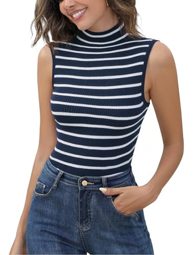 Aottori Damen Gestreifte Rolli Tank Top Elegant Pullunde Ärmelloses Pullover Streifen Weste mit Stehkragen Slim Fit Strickweste Strickpullunder #Marine L von Aottori