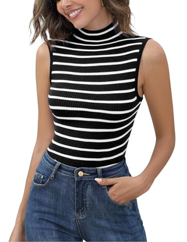 Aottori Damen Gestreifte Rolli Tank Top Elegant Pullunde Ärmelloses Pullover Streifen Weste mit Stehkragen Slim Fit Strickweste Strickpullunder #Schwarz Weiß L von Aottori