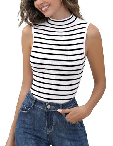 Aottori Damen Gestreifte Rolli Tank Top Elegant Pullunde Ärmelloses Pullover Streifen Weste mit Stehkragen Slim Fit Strickweste Strickpullunder #Weiß Schwarz L von Aottori