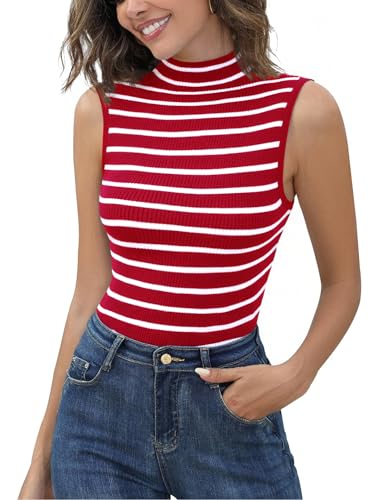 Aottori Damen Gestreifte Rolli Top Elegant Streifen Rollkragenshirt Ärmellos Dünn Leicht Rollkragen Stretch Unterziehrolli Basic Tops Slim Fit Gerippt Weste #Rot Weiß M von Aottori