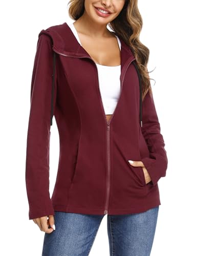 Aottori Damen Hoodie Kapuzenjacke mit Reißverschluss Zip Hoodies Lose Sweatjacke Lang Sweatshirt Langen Mantel Weinrot M von Aottori