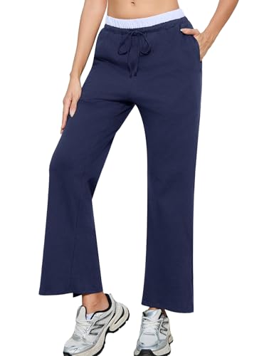 Aottori Damen Jogginghose Baumwolle Freizeithose Weites Bein Sporthose Bequeme Lounge Pants Elegant Sweathose Leichte Hausehose mit Elastischem Bund Dunkelblau XL von Aottori
