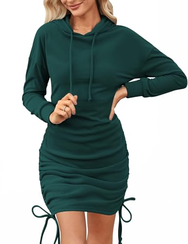 Aottori Damen Kapuzenpullover Lange Hoodie Kleid Langarm Sweatshirtkleid Casual Herbstkleid Warm Kapuzenkleid Herbst Minikleid Sportkleid Winter Dunkelgrün S von Aottori