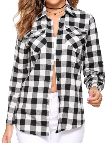 Aottori Damen Kariertes Bluse Casual Karohemd Button-down Langarmshirt Boyfriend-Stil Baumwolle Hemdbluse Plaid Shirt für Frühling und Herbst Schwarz-Weiss 2 L von Aottori