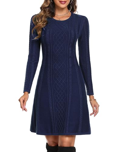 Aottori Damen Kleider Strick Pulloverkleid Elegant Strickkleid Rundkragen Langarm Tunika Kleid Midikleid Marine L von Aottori