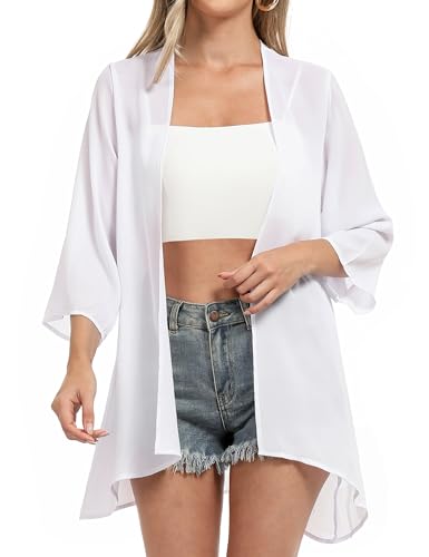 Aottori Damen Lang Chiffon Bolero Sommer Boho Leicht 3/4 Ärmel Cardigan Strickjacke Offene Front Strand Kimono Florale Beachwear Bikini Cover up Shawl Bluse Oberteil Tops Weiß-2 L von Aottori