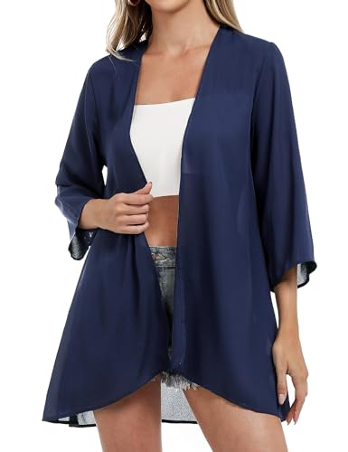 Aottori Damen Lang Chiffon Bolero Sommer Boho Leicht Casual Cardigan Strickjacke Offene Front Strand Kimono Florale Beachwear Bikini Cover up Bluse Oberteil Tops Marine-2 L von Aottori