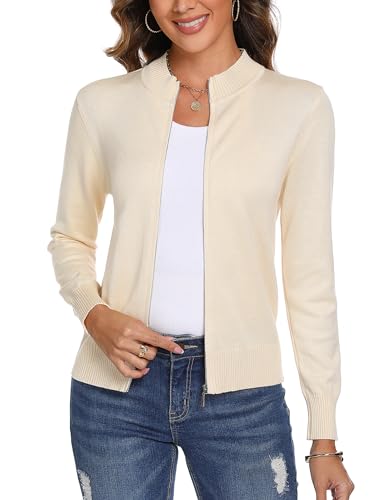 Aottori Damen Langarm Stehkragen Strickjacke Pullover Cardigan Reißverschluss Sweatshirt Casual Einfarbig Strickmantel Freizeit Jacket Outerwear Aprikose L von Aottori