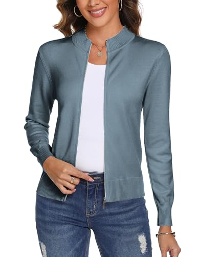 Aottori Damen Langarm Stehkragen Strickjacke Pullover Cardigan mit Reißverschluss Sweatshirt Casual Einfarbig Strickmantel Freizeit Jacket Outerwear Dunkelgraublau S von Aottori