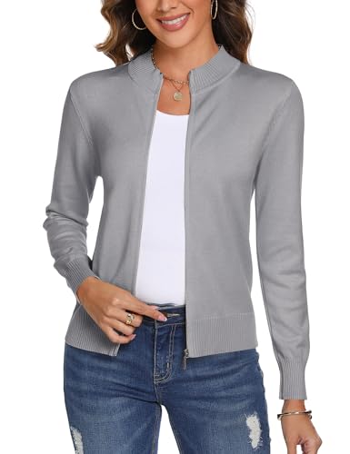 Aottori Damen Langarm Stehkragen Strickjacke Pullover Cardigan mit Reißverschluss Sweatshirt Casual Einfarbig Strickmantel Freizeit Jacket Outerwear Hellgrau XXL von Aottori