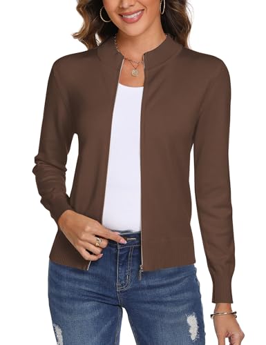 Aottori Damen Langarm Stehkragen Strickjacke Pullover Cardigan mit Reißverschluss Sweatshirt Casual Einfarbig Strickmantel Freizeit Jacket Outerwear Kaffee XXL von Aottori