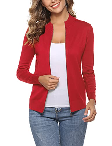 Aottori Damen Langarm Stehkragen Strickjacke Pullover Cardigan mit Reißverschluss Sweatshirt Casual Einfarbig Strickmantel Freizeit Jacket Outerwear Rot L von Aottori